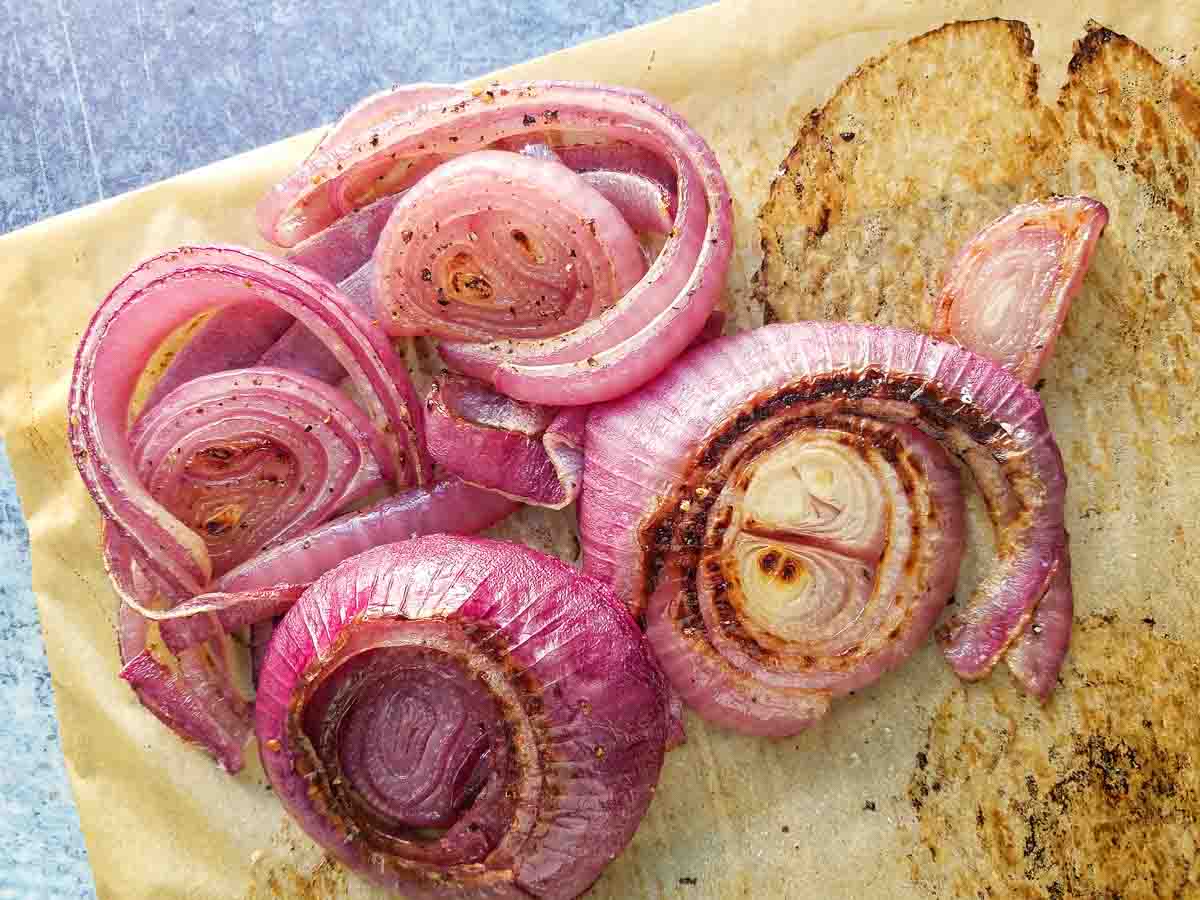 oven roasted red onion on sheet