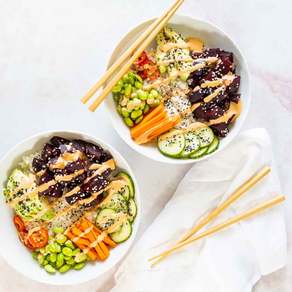 vegan poke bowls with chopsticks