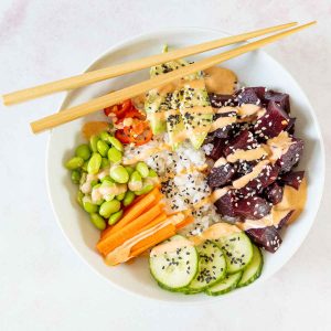 vegan poke bowl with beets in a bowl