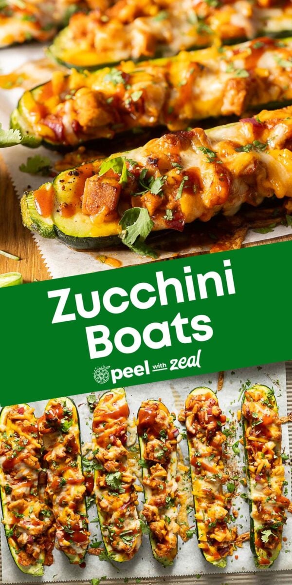 Chicken Zucchini Boats baked with tender chicken, vegetables, and melted cheese, topped with sauce and herbs, arranged on a baking tray. Text overlay reads "Zucchini Boats.