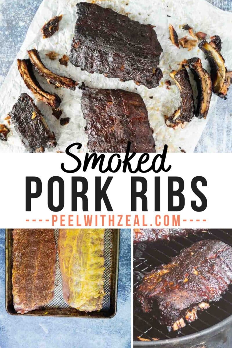 Various cuts of smoked baby back ribs on parchment and grill with text overlay "Smoked Pork Ribs - peelwithzeal.com".