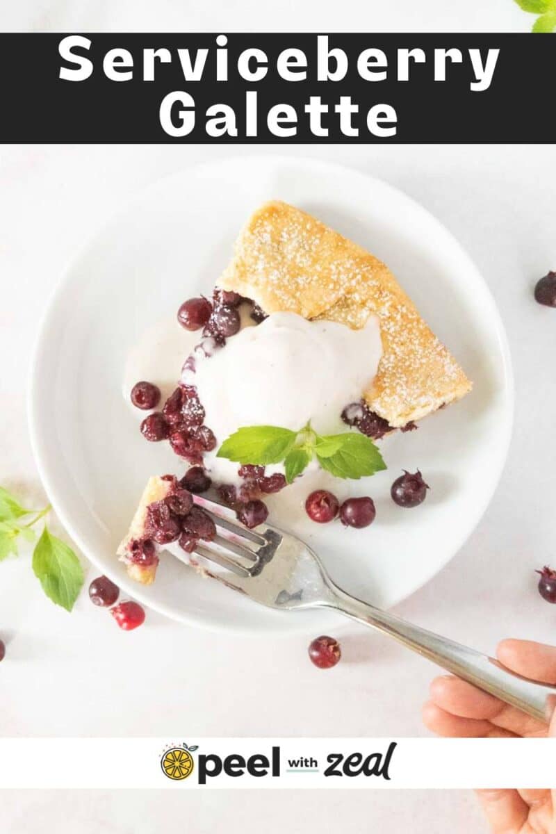 A slice of serviceberry galette topped with a scoop of ice cream and mint rests on a white plate, surrounded by scattered berries and a fork.
