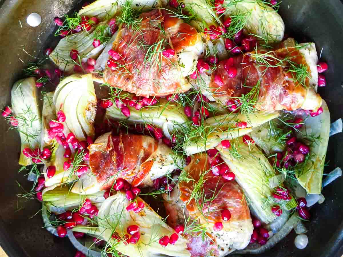 chicken and fennel in a pan