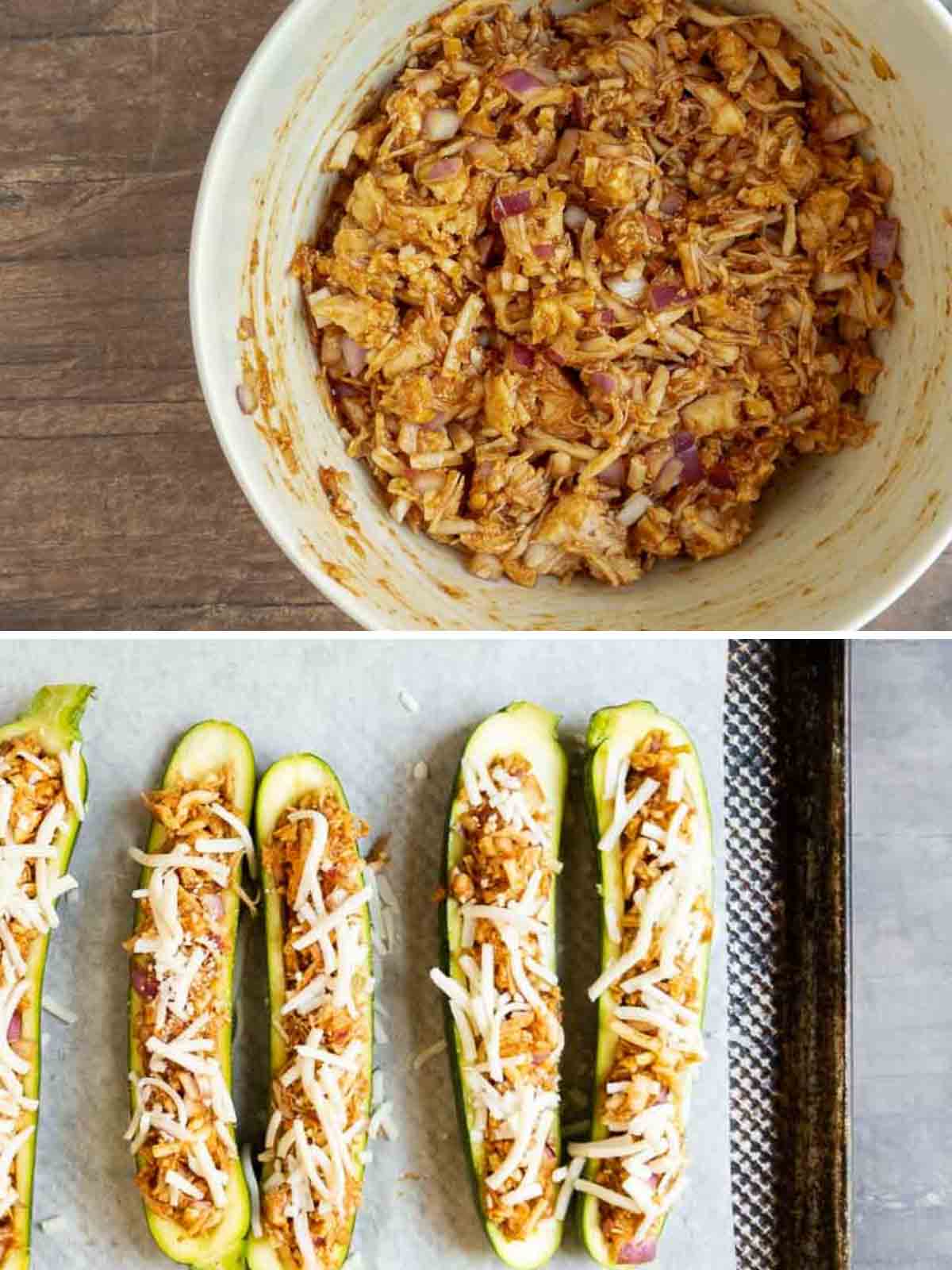 filling zucchini boats with bbq chicken