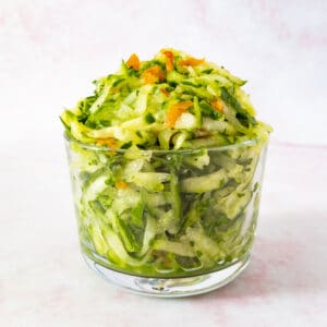 Trini cucumber chutney in a clear bowl.
