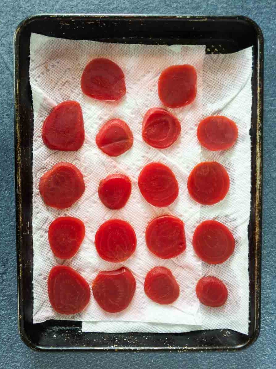 draining beet slices on paper towel