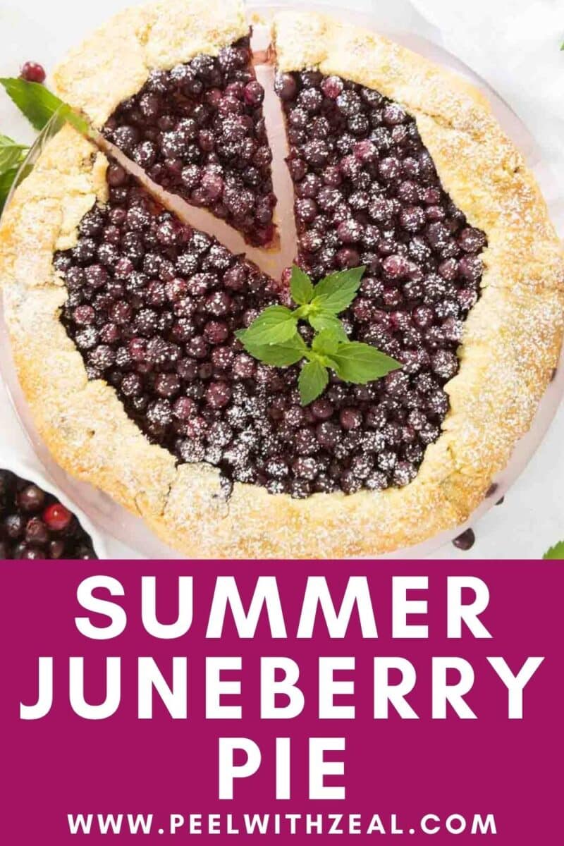 A round serviceberry galette with a slice cut out, topped with powdered sugar and a mint sprig, displayed on a white surface.