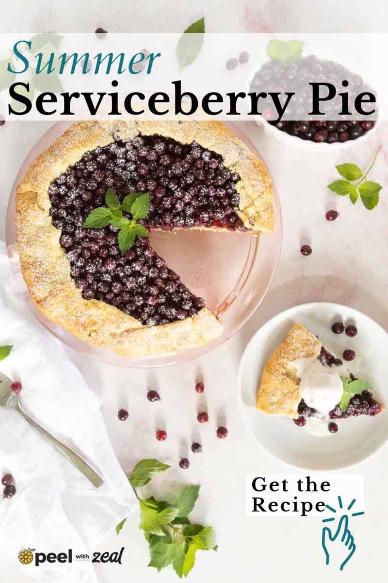 A serviceberry pie with a slice cut out, garnished with mint, sits on a table with fresh berries and a plated slice topped with ice cream. Text reads “Summer Serviceberry Galette Pie. Get the Recipe.”.