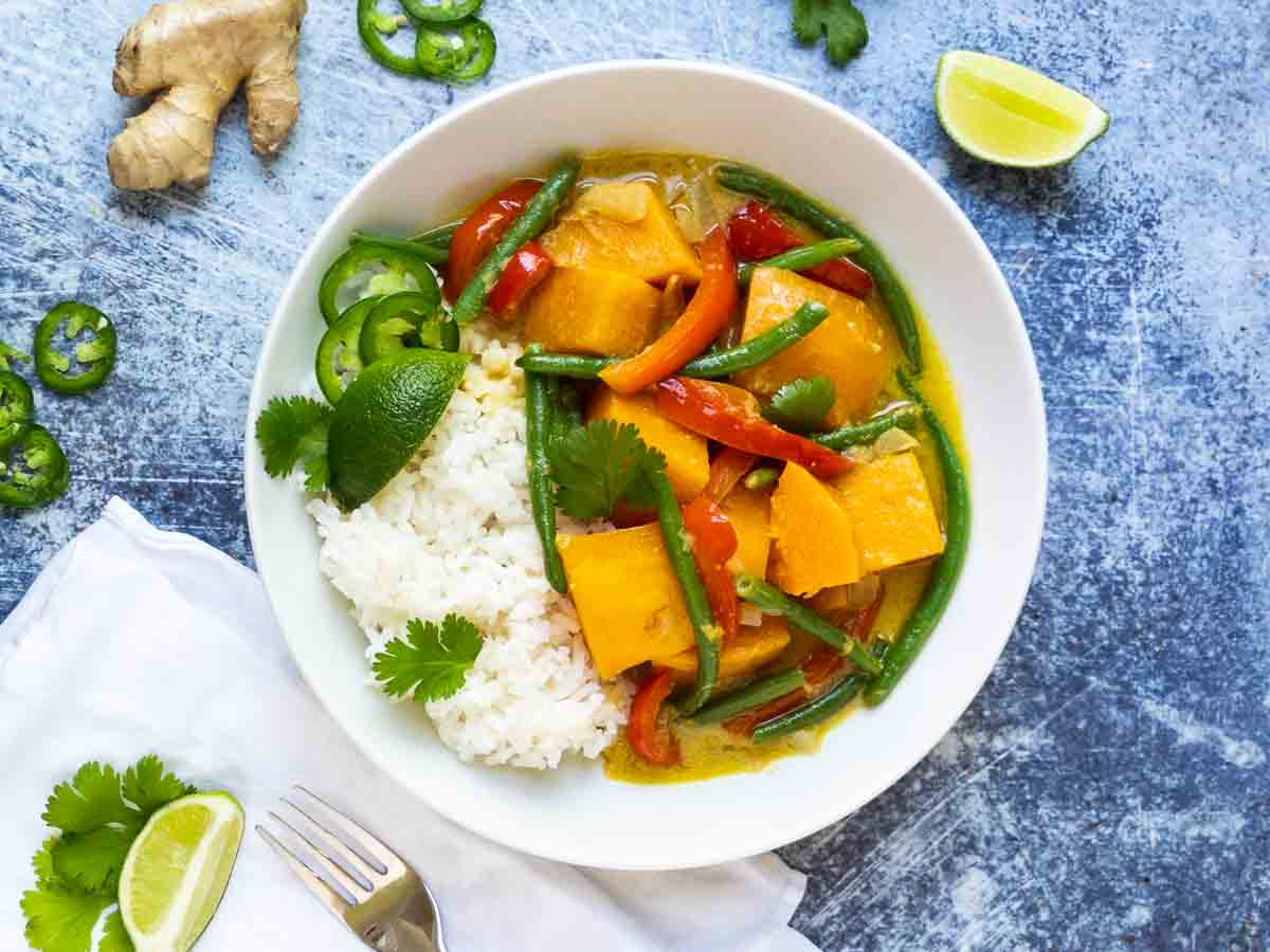 up close shot of vegetarian curry in a white bowl