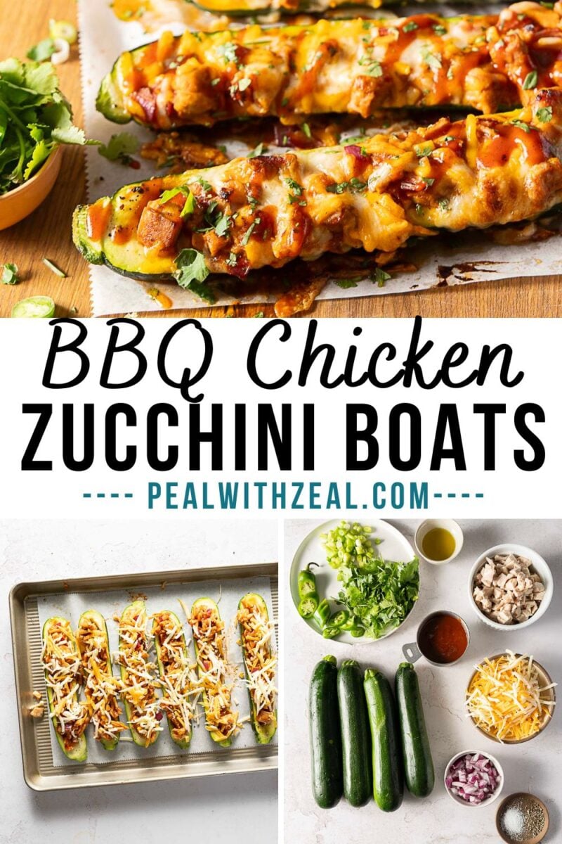 Chicken Zucchini Boats feature BBQ chicken-stuffed zucchini topped with melted cheese and herbs, with preparation ingredients and steps shown below the main dish.
