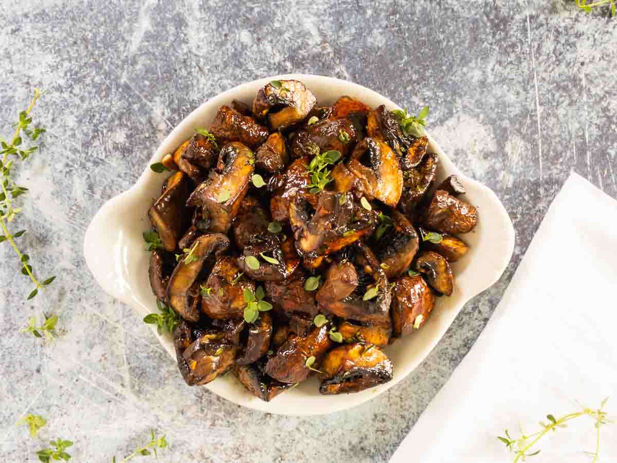 oven roasted balsamic mushrooms in a bowl