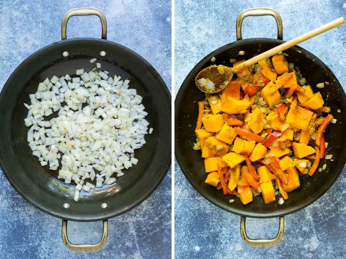 Side-by-side images show a pan on a blue countertop. Left: chopped onions are sautéing. Right: the pan contains cooked onions, orange squash chunks, and red pepper strips being stirred for a Vegetarian Thai Green Curry.