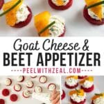 Beet and goat cheese appetizers on a plate.