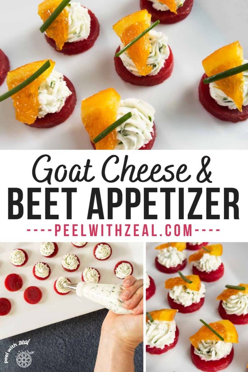Beet and goat cheese appetizers on a plate.