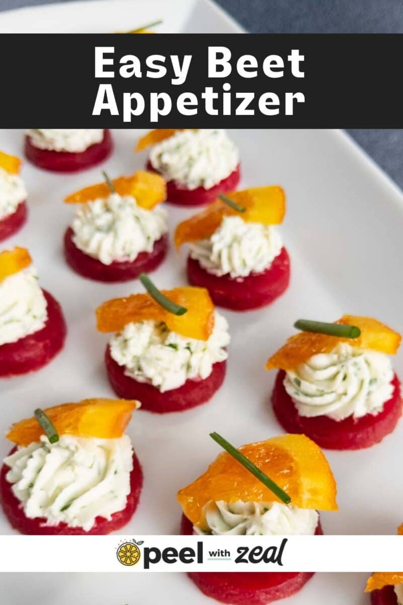 Beet and goat cheese appetizers on a plate.
