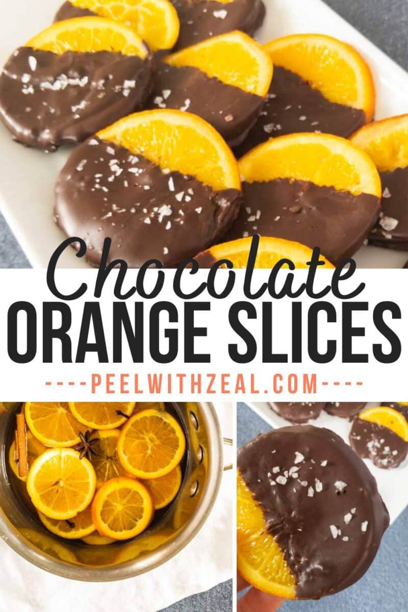 Chocolate-dipped candied orange slices sprinkled with sea salt are displayed on a white plate, with process images showing candied orange slices in a pot and a close-up of a finished slice.