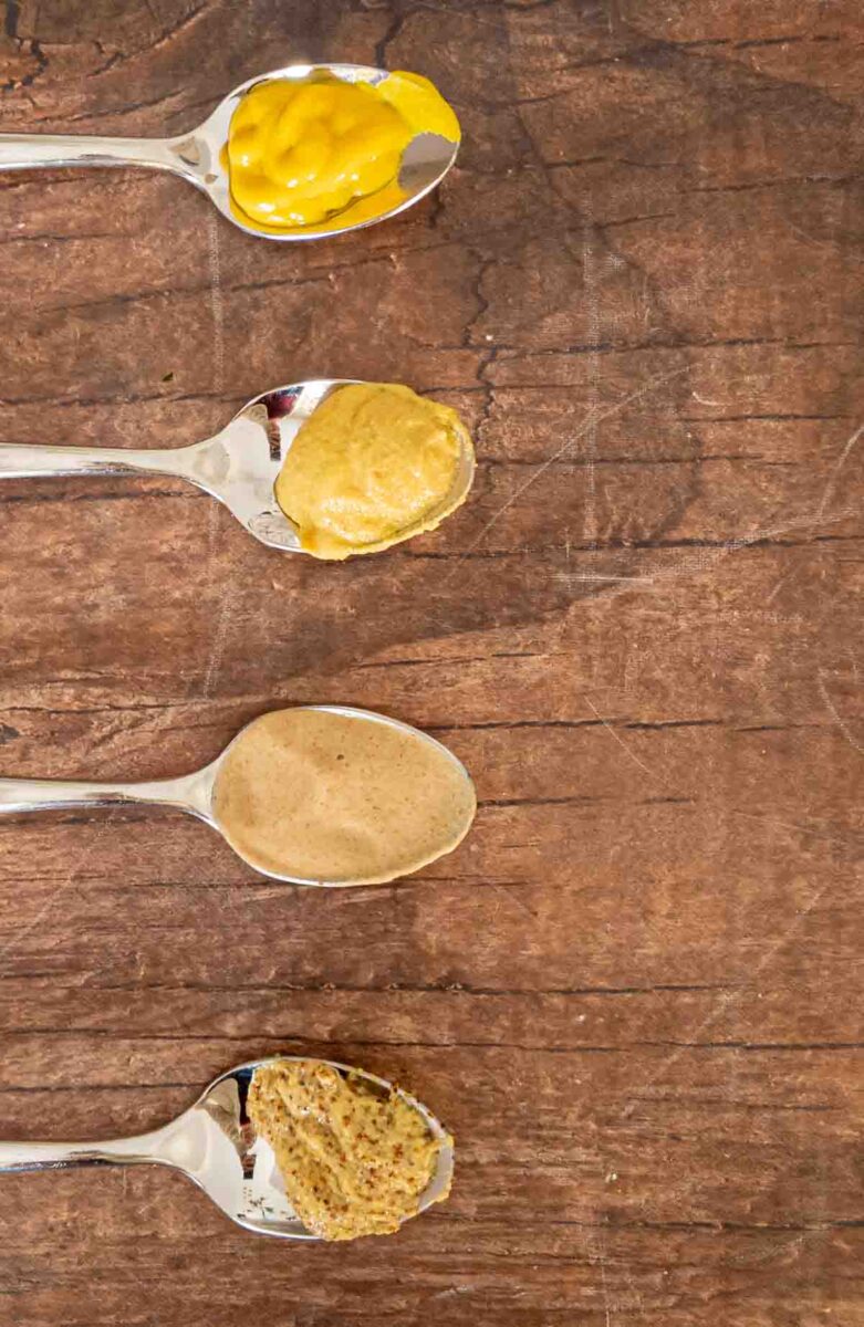 mustard types on spoons