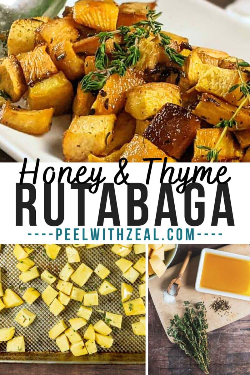 Honey and thyme roasted rutabaga graces a serving plate, while chopped pieces await their turn on a baking sheet, surrounded by fresh ingredients on a cutting board.