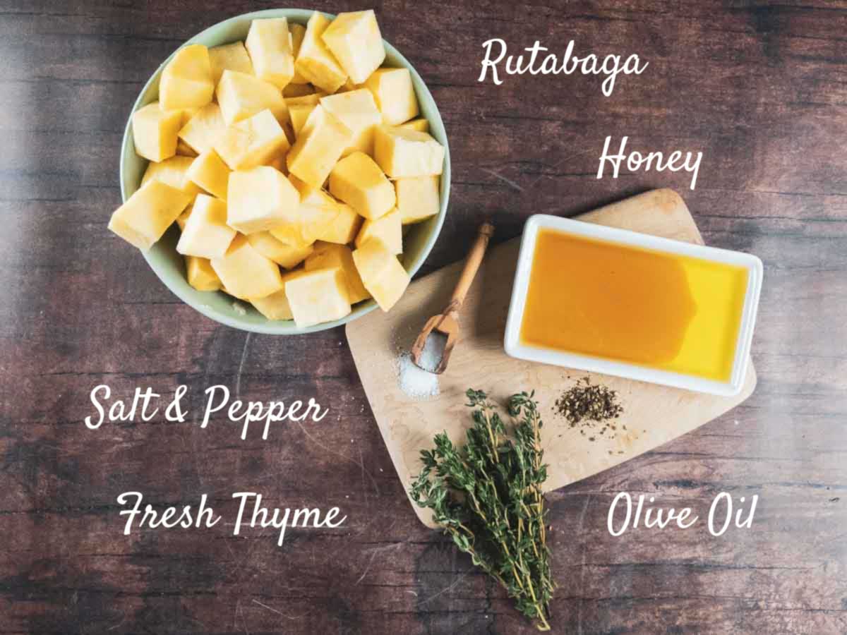 ingredients for rutabaga recipe on a wooden counter