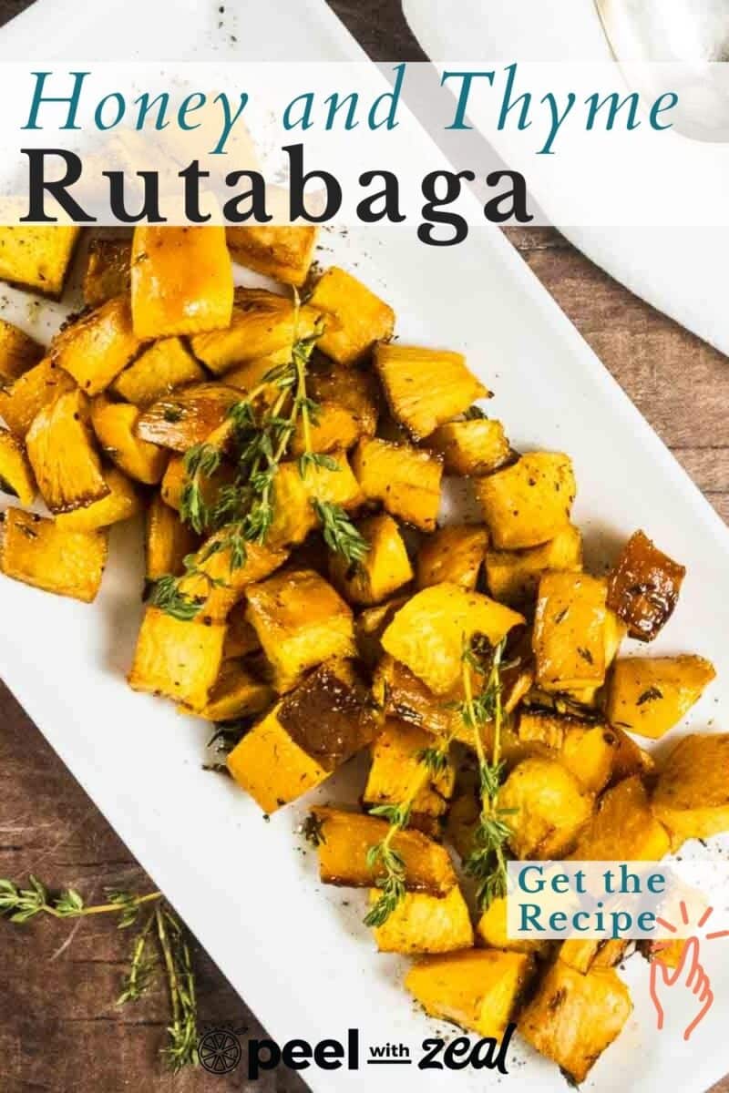 Roasted rutabaga on a white platter garnished with thyme sprigs, enticingly showcased with a text overlay promoting our delightful honey and thyme recipe.