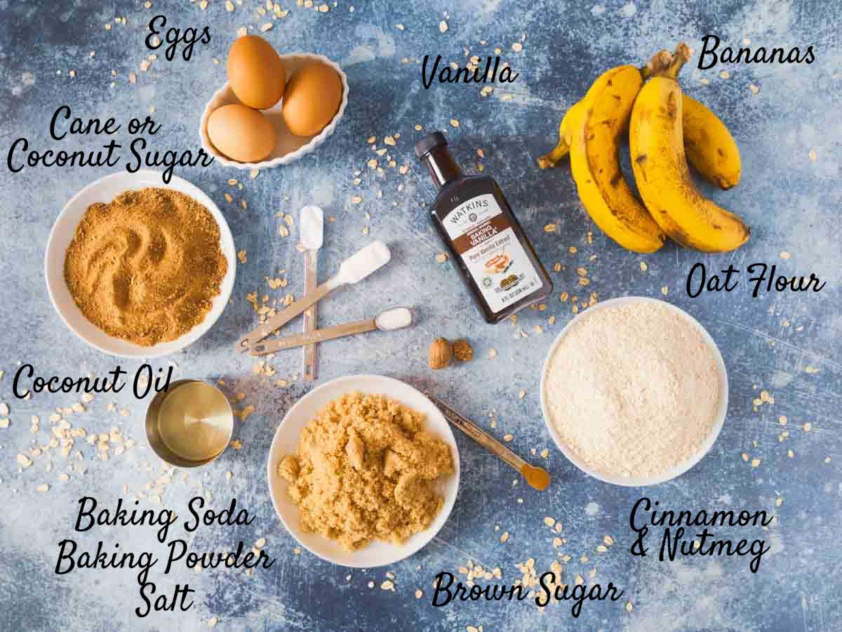 banana bread ingredients on blue background