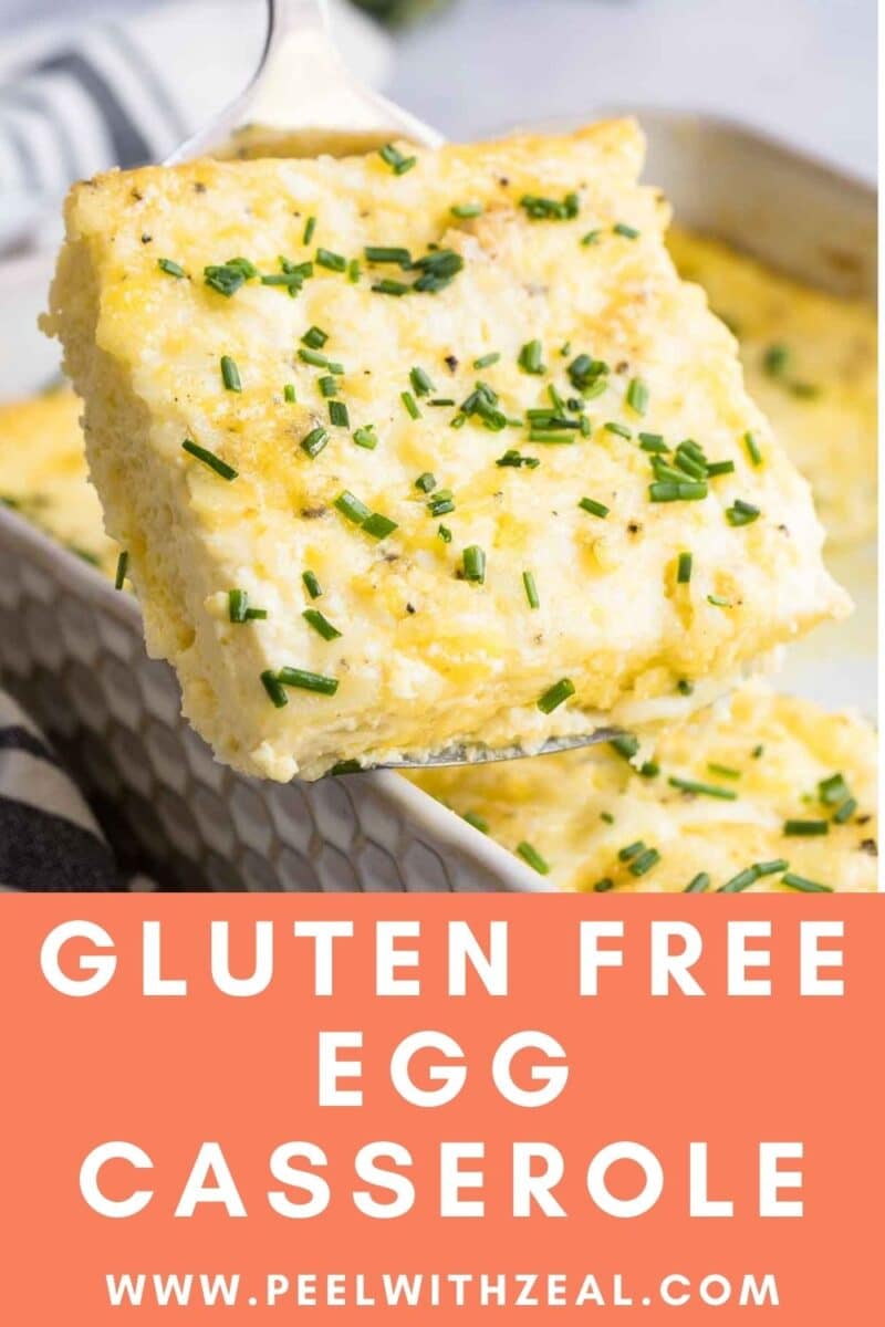 A slice of gluten-free egg casserole topped with chives and being lifted from a dish. The text reads "Gluten Free Egg Casserole" with a website URL visible.