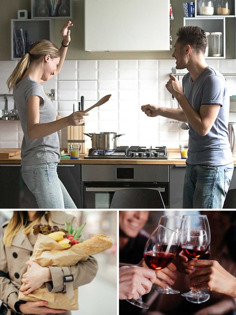collage of couple cooking together for a date night at home