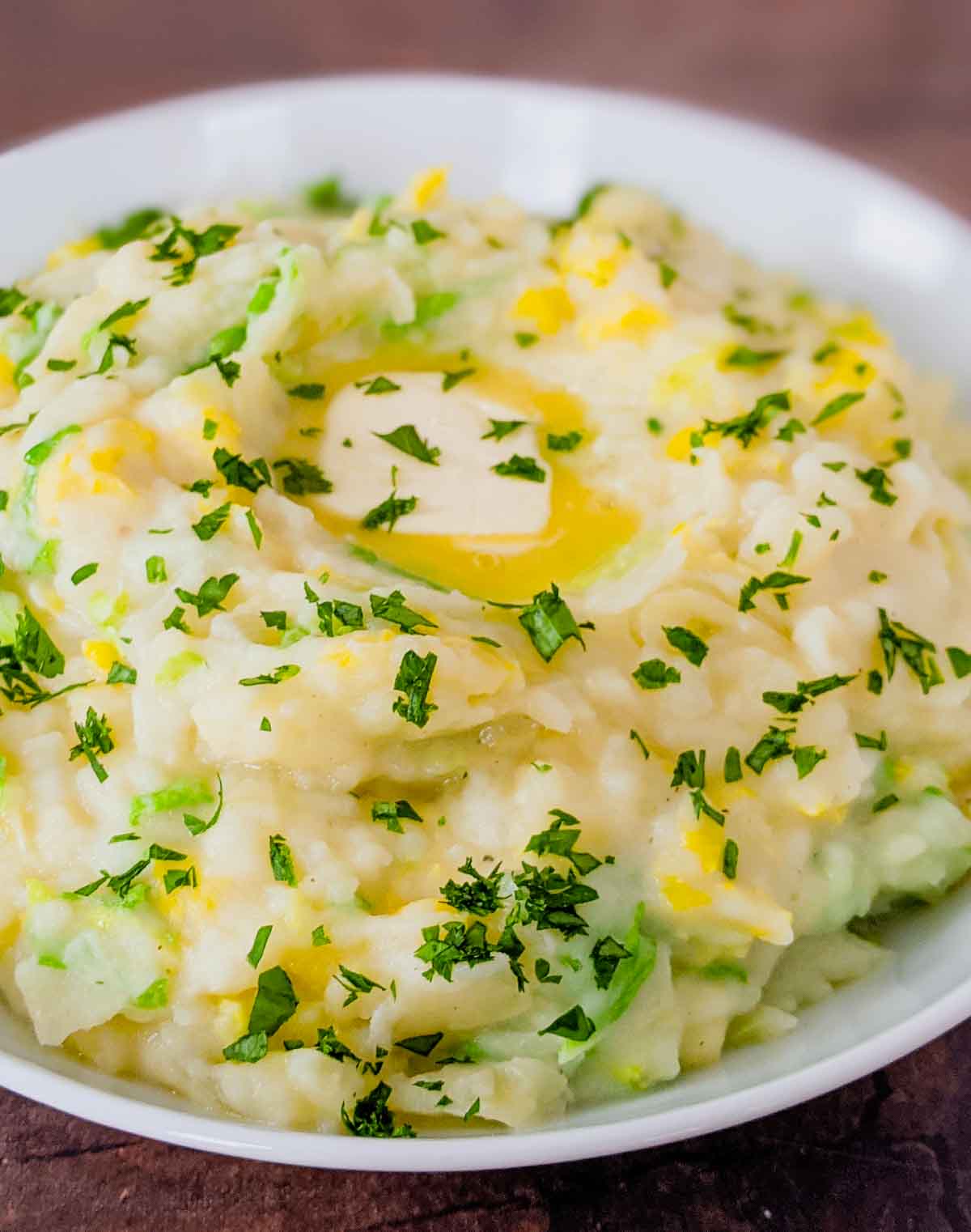 close up of mashed potatoes with cabbage