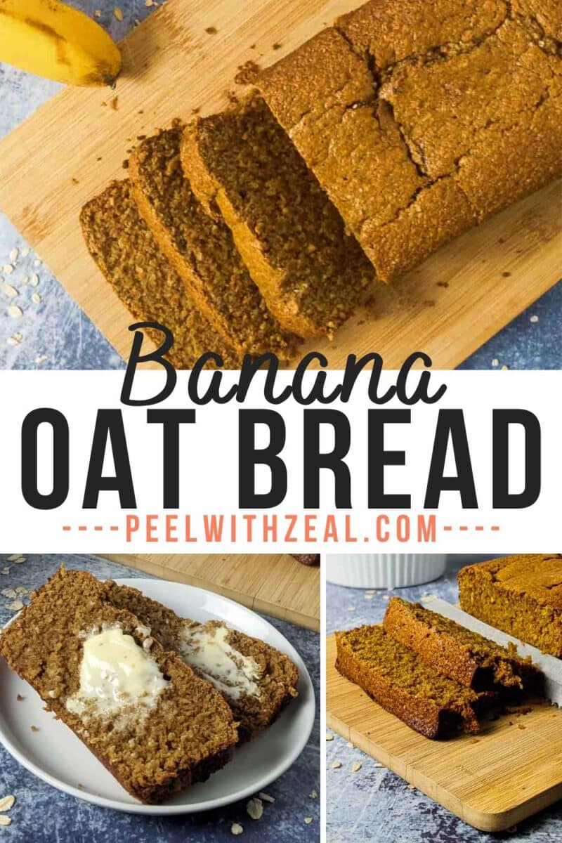 A loaf of oat flour banana bread on a wooden board, some slices cut; smaller images show buttered slices and close-up views of the bread.