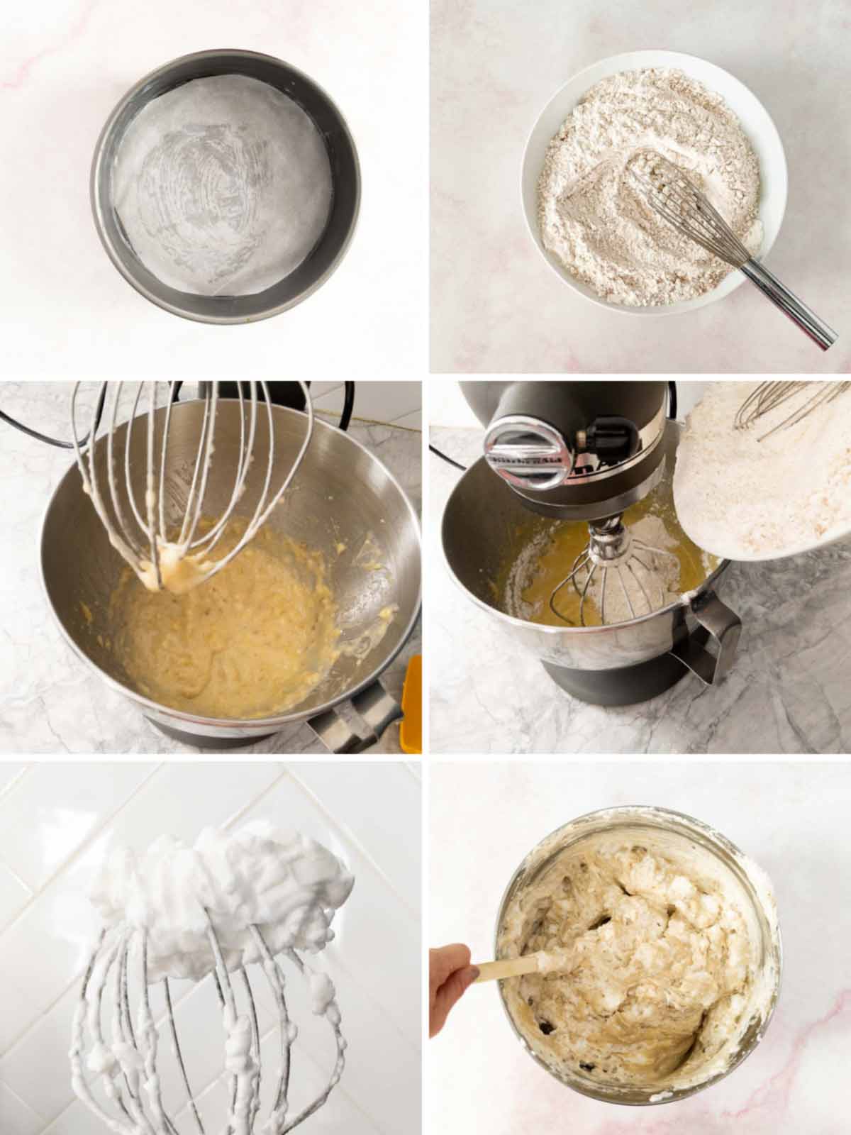 collage of steps to make the banana cake batter