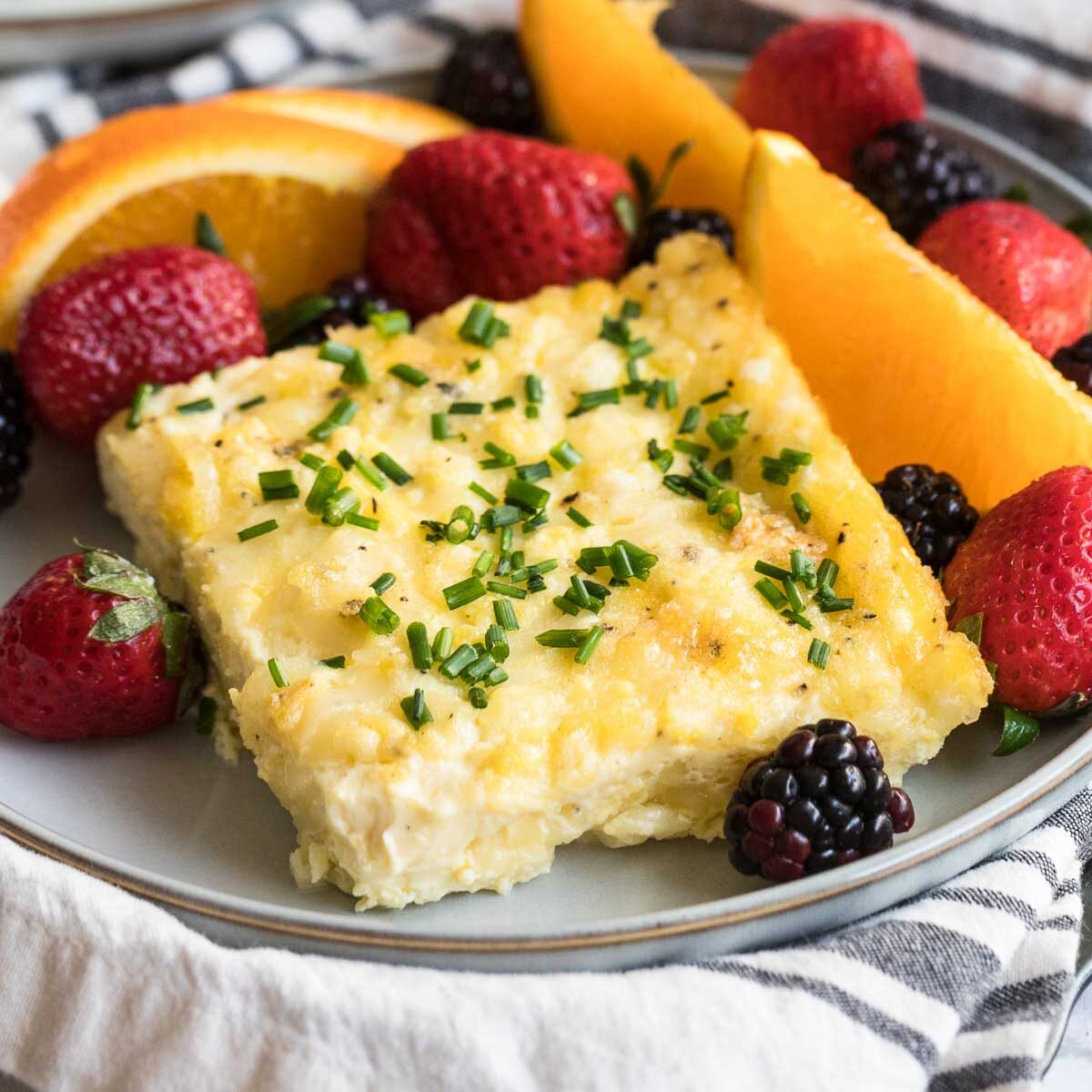 Sliced of breakfast casserole.