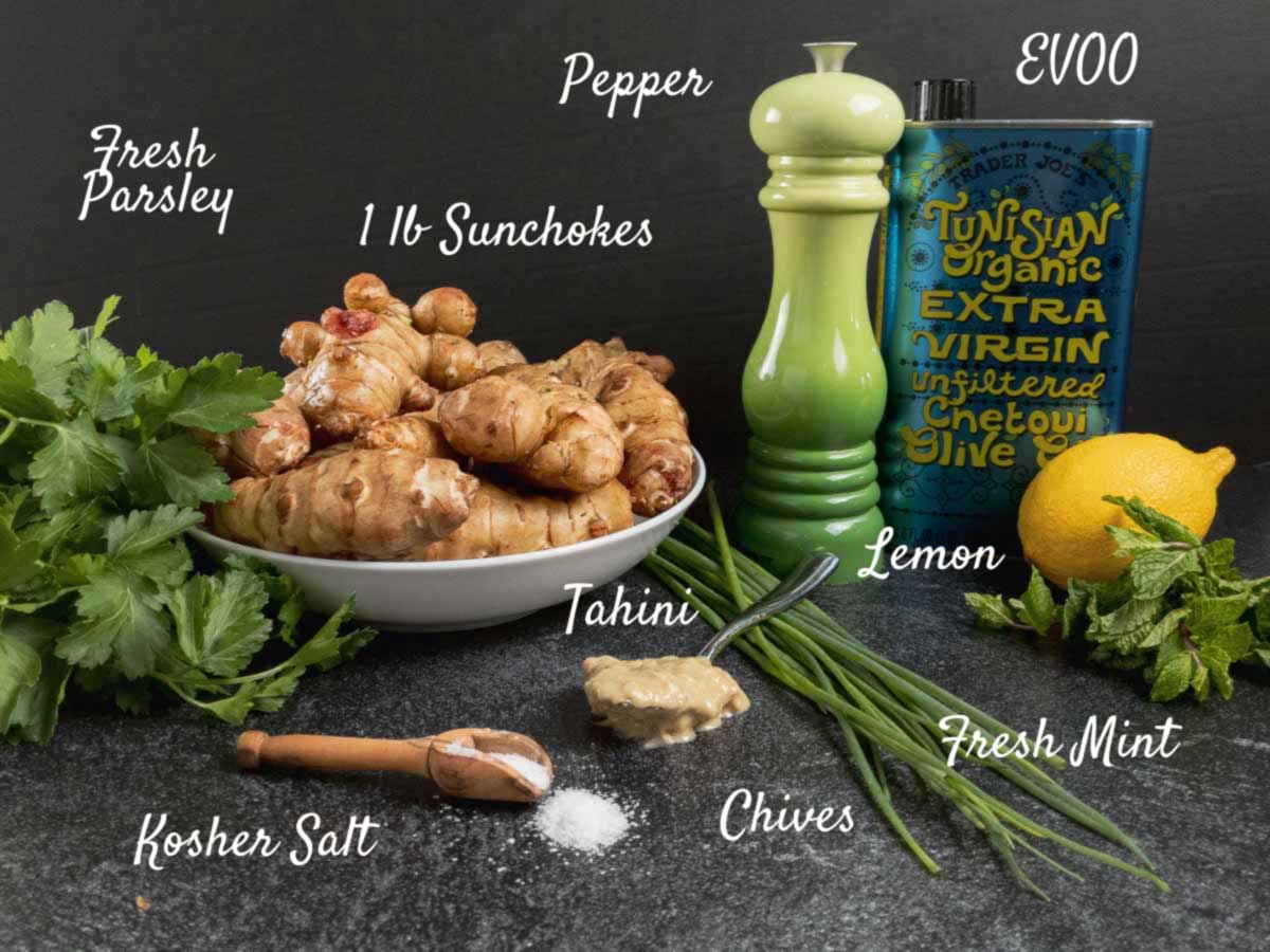 sauteed sunchoke ingredients on a counter