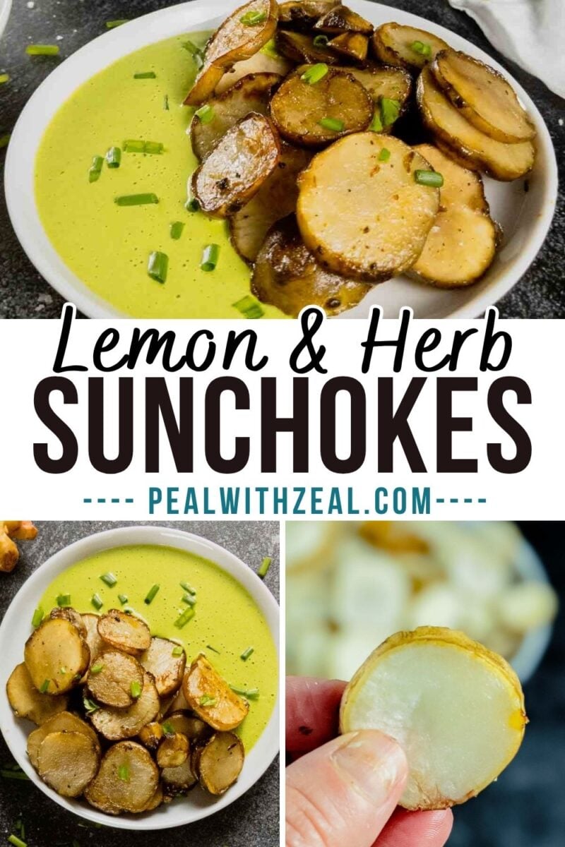 Bowl of roasted and sauteed sunchokes on green sauce, garnished with herbs. Close-up of sliced sunchokes, and a hand holding a single round sunchoke slice.