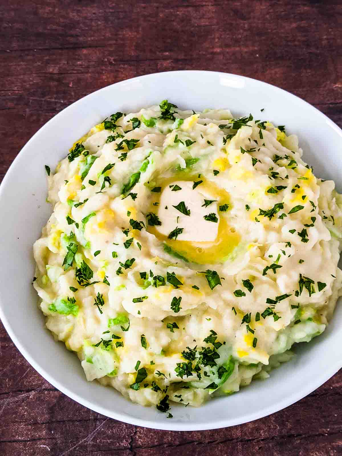 Colcannon in a white bowl. 