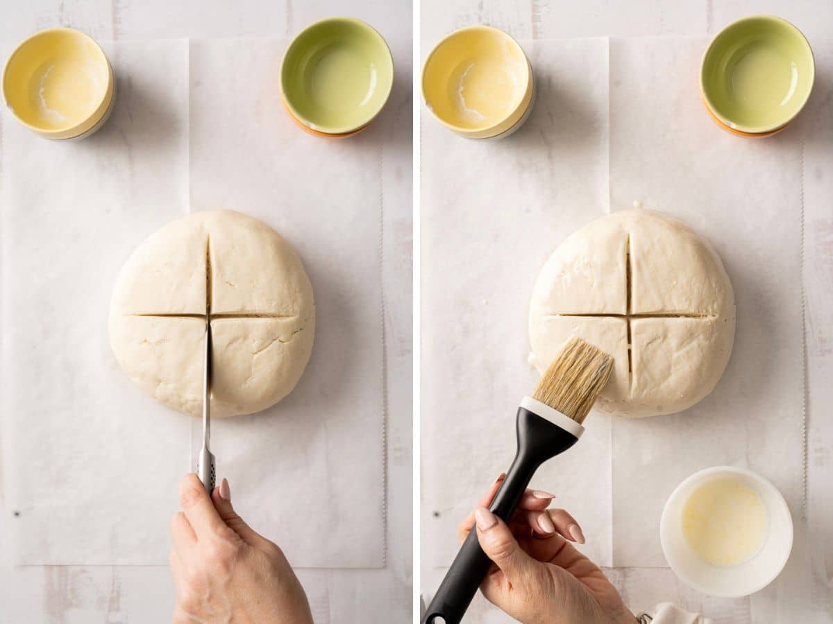 Two images side by side: Left shows hands scoring gluten-free soda bread dough with a knife; right shows hands brushing the dough with a pastry brush. Bowls nearby contain liquid.