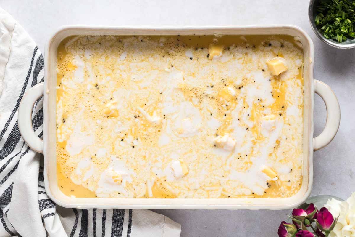 Assembled breakfast casserole before baking. 