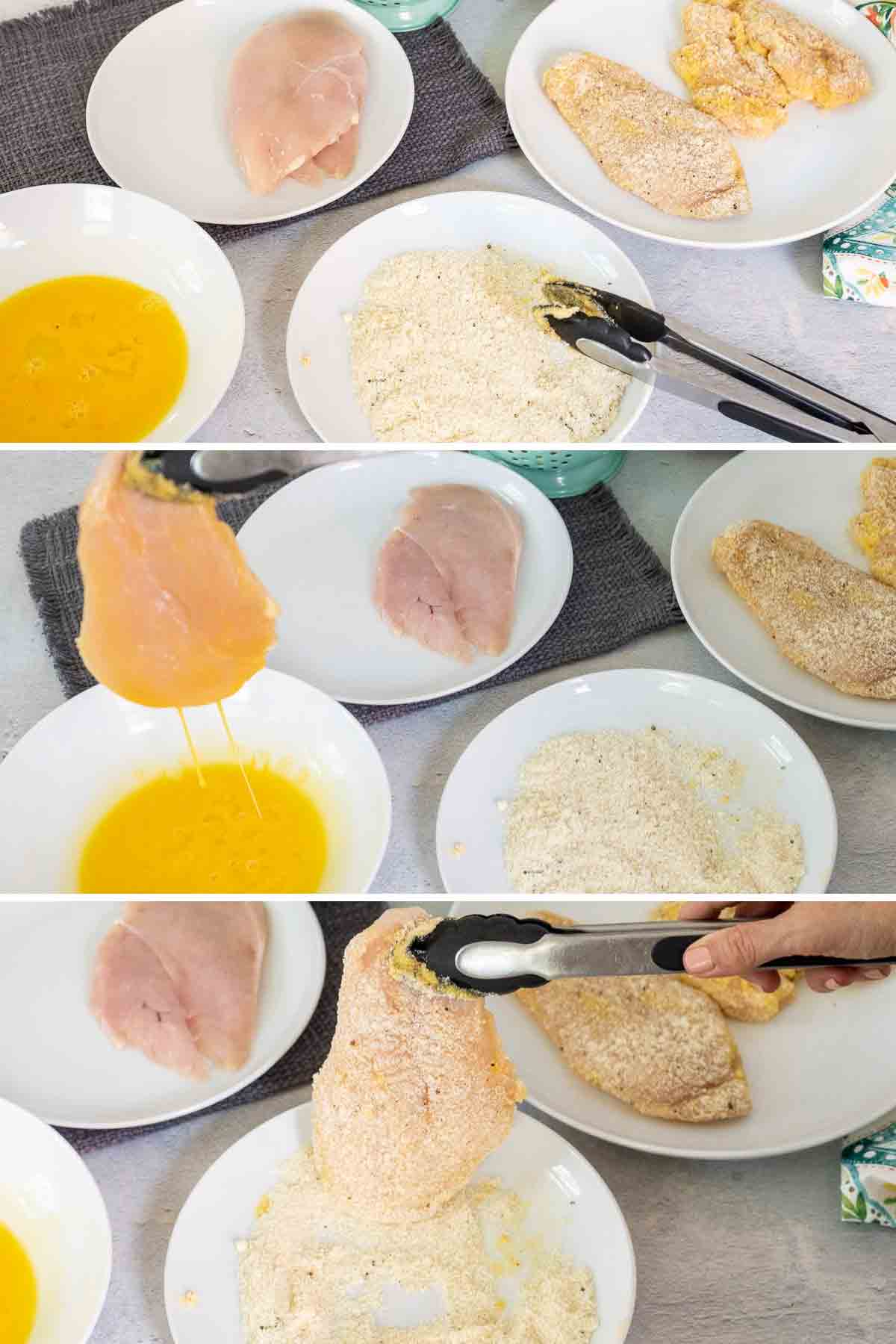 Demonstrating 3 steps to dredge and flour chicken
