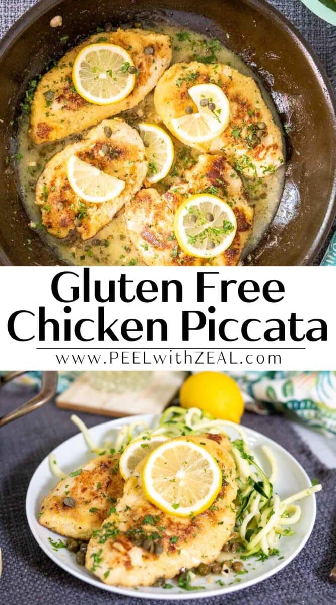 A skillet with gluten-free chicken piccata garnished with lemon slices and parsley, plus a serving over spiralized vegetables in a bowl.
