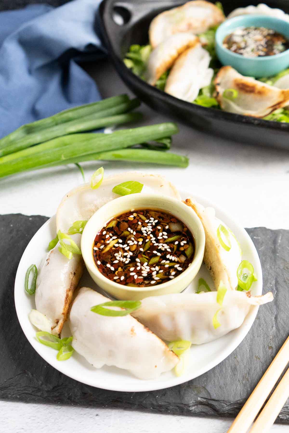 small plate of chinese dumplings with sauce
