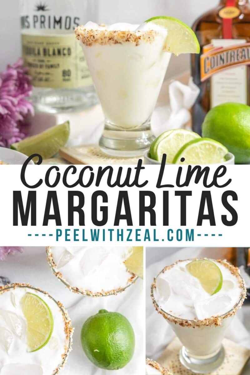 A coconut margarita in a glass with a toasted rim, garnished with a lime wedge, surrounded by limes, liquor bottles, and floral decor. Text reads: "Coconut Lime Margaritas.