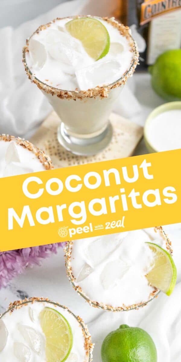 Overhead view of coconut margaritas with ice and lime wedges in glasses rimmed with toasted coconut; a lime and coconut margarita liquor bottle are nearby.