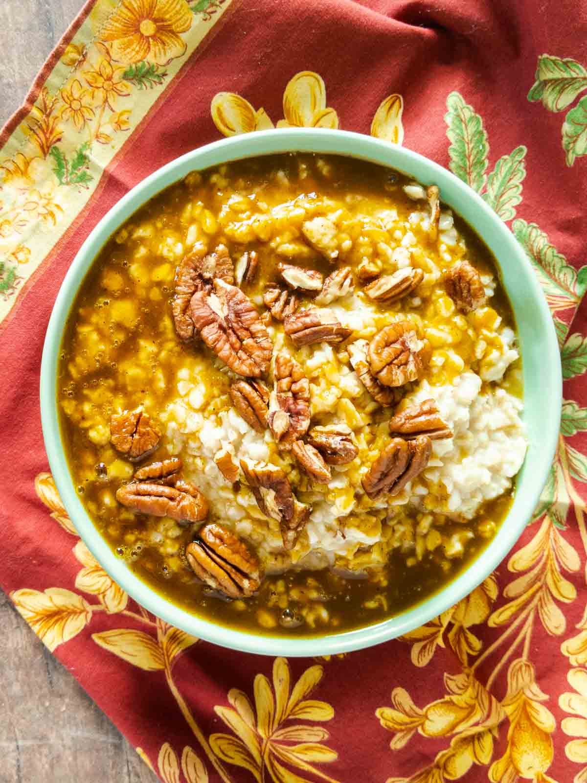 bowl of oatmeal with pumpkin syrup