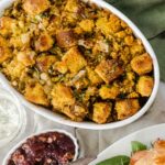 gluten free cornbread stuffing in serving dish.