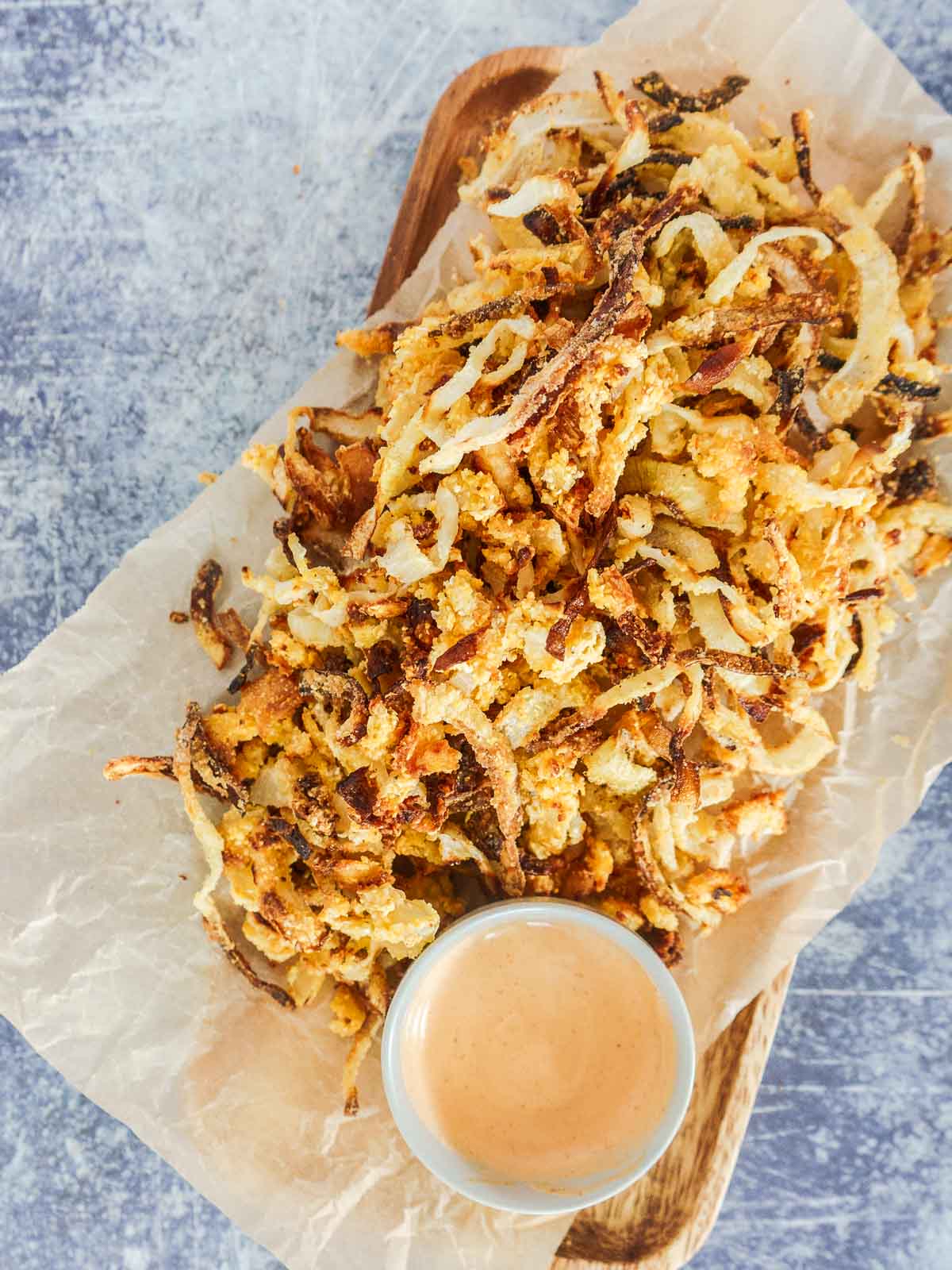 gluten free French fried onions with siracha mayo