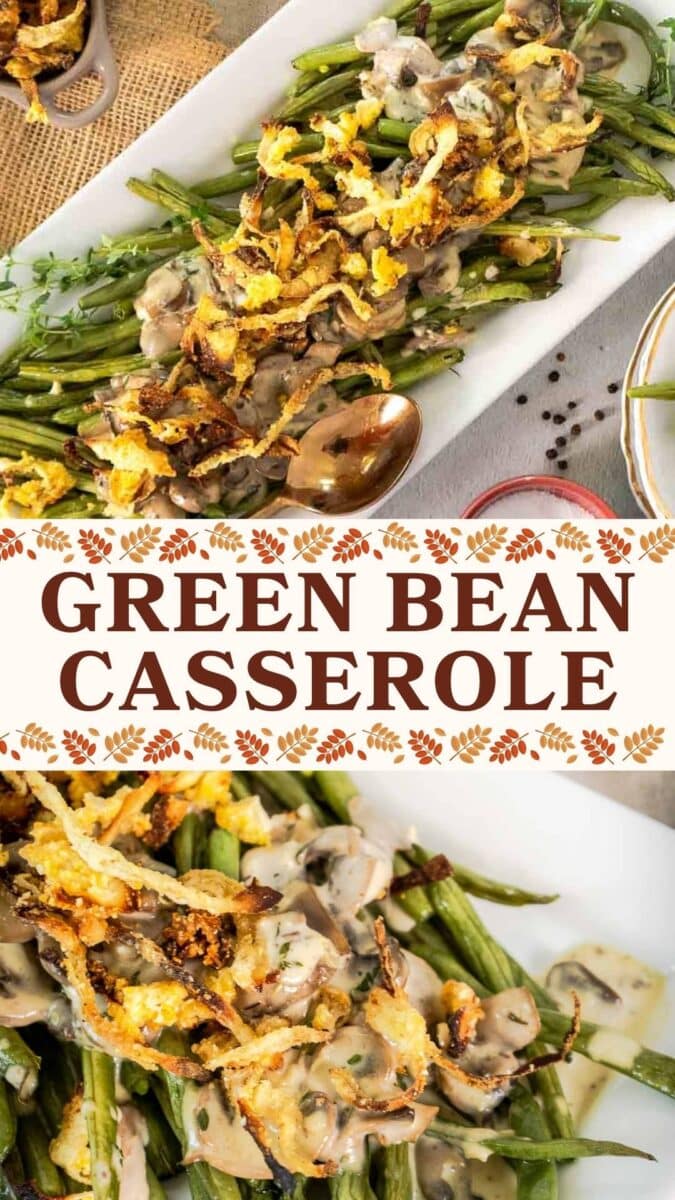 A plate of modern green bean casserole topped with crispy fried onions and creamy mushroom sauce, garnished with fresh herbs.