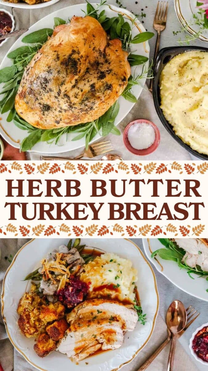 Overhead view of a roasted bone in turkey breast on greens, mashed potatoes, and a plate with sliced turkey, sides, and gravy.