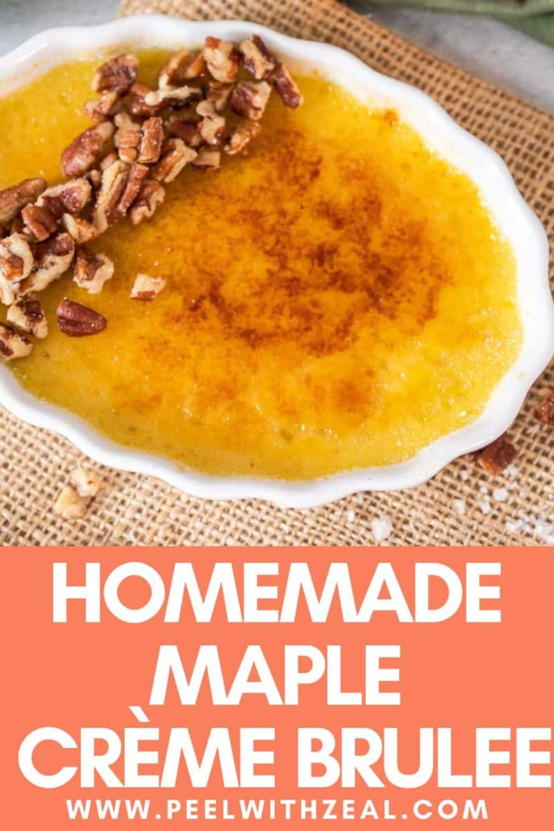 A small dish of maple creme brulee topped with chopped pecans