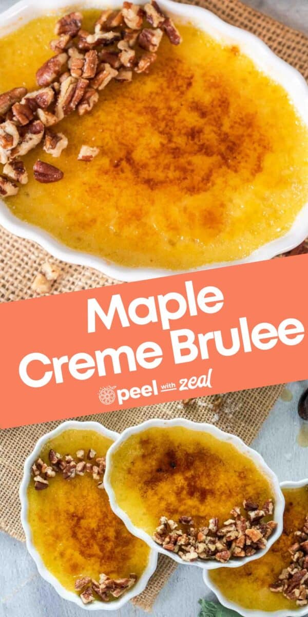 Three ramekins of maple creme brulee topped with chopped pecans, shown from above on a woven mat, with text reading "Maple Creme Brulee"—the perfect blend of creamy delight and pecan crunch.
