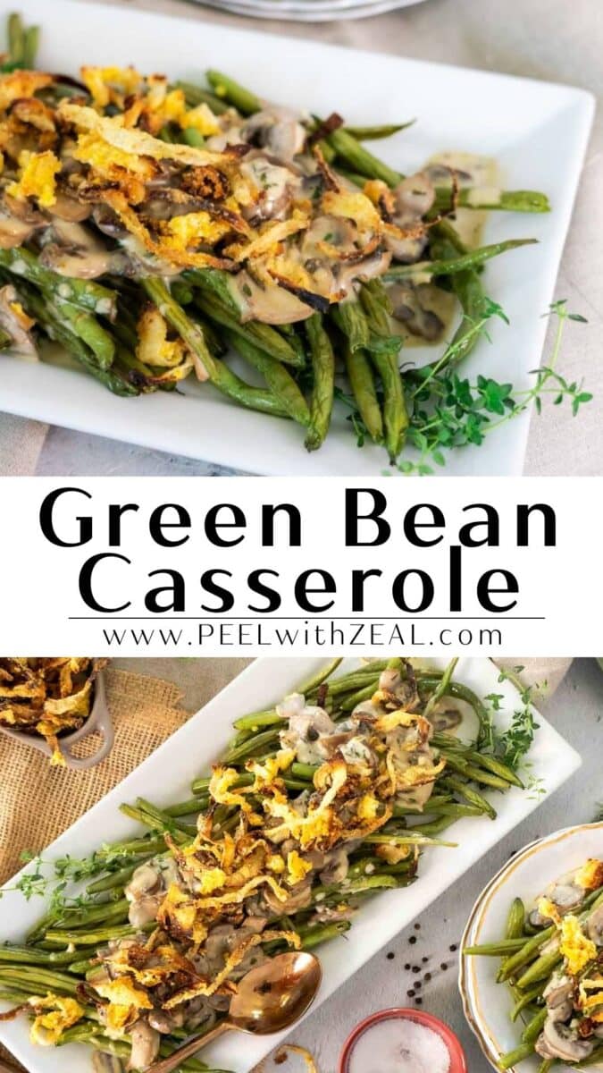 Two plates of modern green bean casserole topped with crispy onions and mushrooms on a white surface, garnished with fresh herbs.