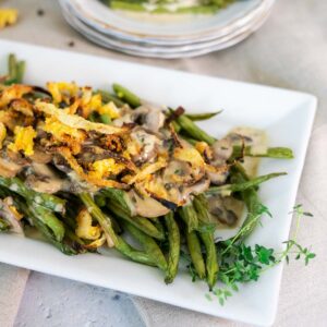 deconstructed green bean casserole on serving platter